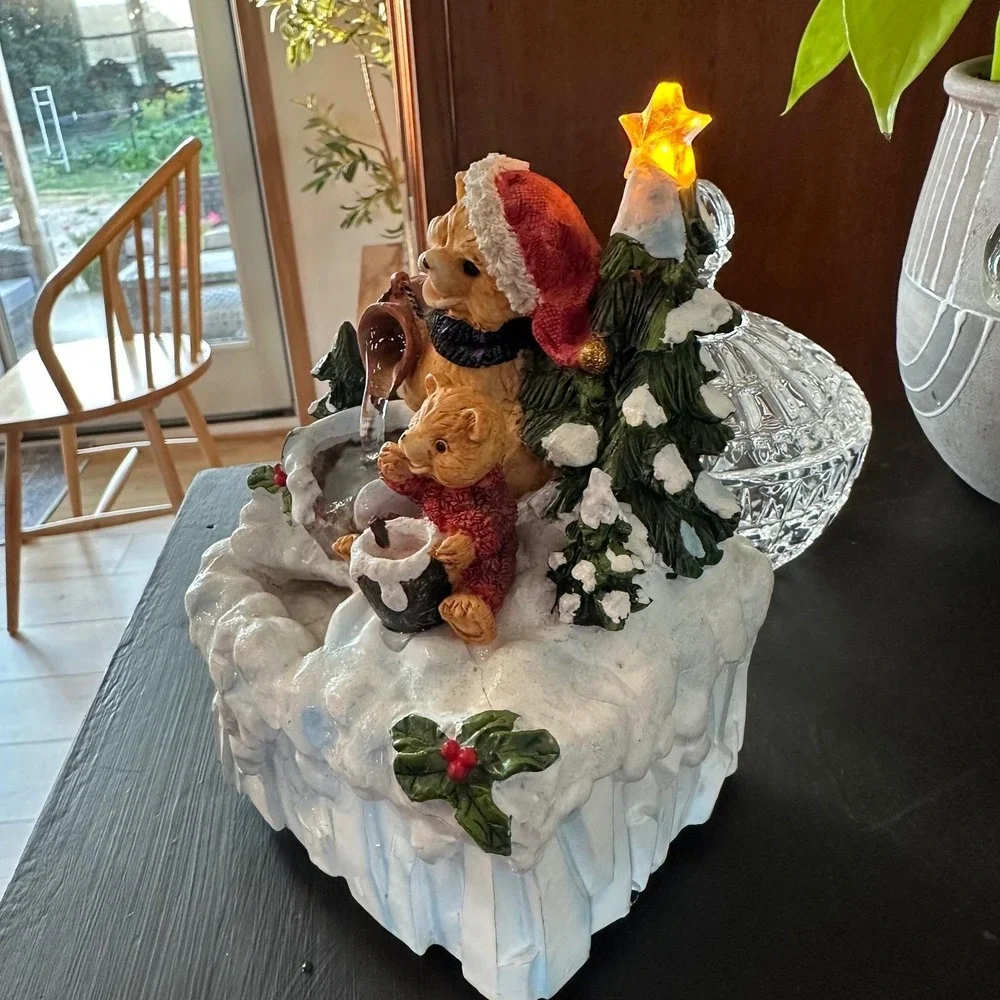 Vtg 90s Christmas Teddy Bear Water Fountain Lighted Tabletop Holiday Decor Retro